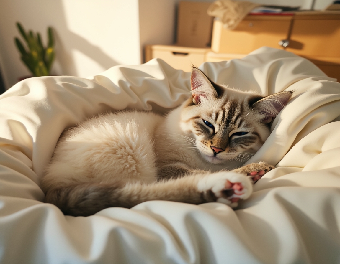 Cat is nestled under soft blankets on a bed, its eyes half-closed in peaceful relaxation. Morning sunlight streams through a nearby window, highlighting the soft textures of the bedding.